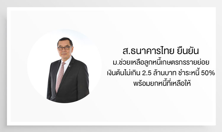 ส.ธนาคารไทย ยืนยัน ม.ช่วยเหลือลูกหนี้เกษตรกรรายย่อย เงินต้นไม่เกิน 2.5 ล้านบาท ชำระหนี้ 50% พร้อมยกหนี้ที่เหลือให้