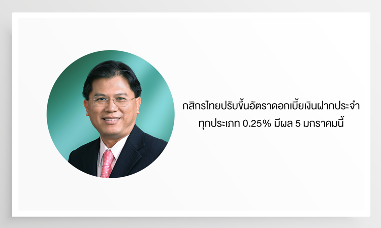 กสิกรไทยปรับขึ้นอัตราดอกเบี้ยเงินฝากประจำทุกประเภท 0.25% มีผล 5 มกราคมนี้  สนับสนุนการออมให้กับผู้ฝากเงินรายย่อย และสอดคล้องกับทิศทางอัตราดอกเบี้ยนโยบาย