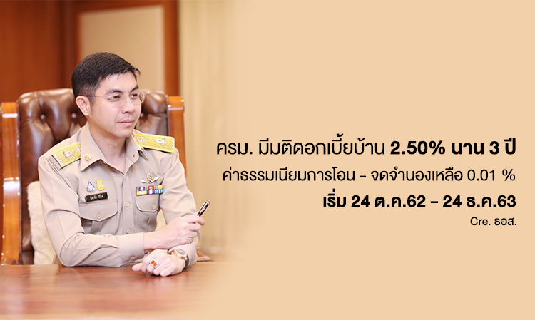 ครม. มีมติดอกเบี้ยบ้าน 2.50% นาน 3 ปีค่าธรรมเนียมการโอน - จดจำนองเหลือ 0.01 %เริ่ม 24 ต.ค.62 - 24 ธ.ค.63