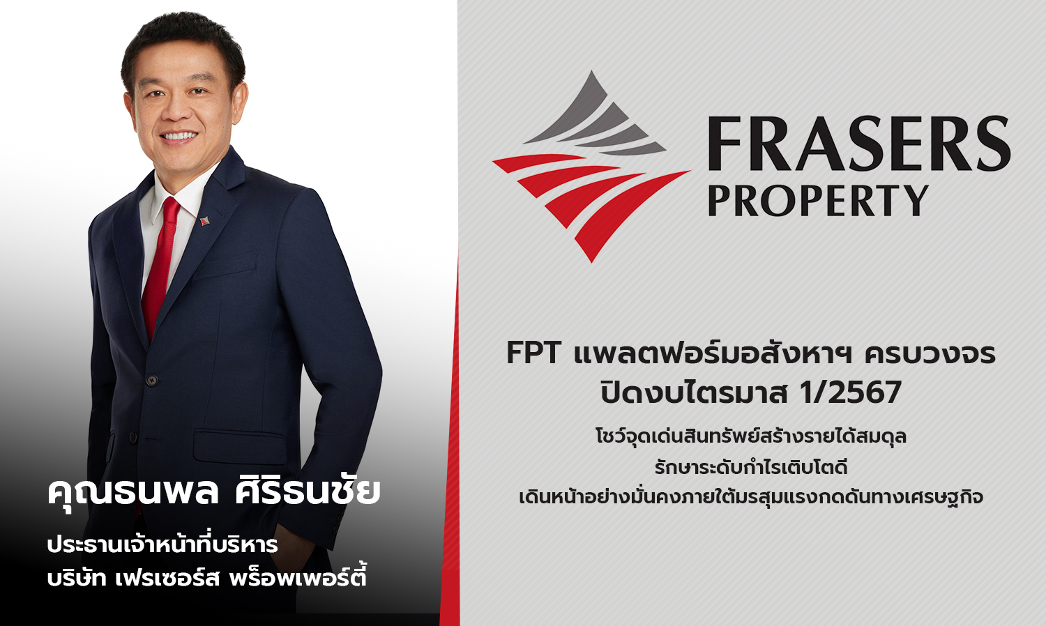 FPT แพลตฟอร์มอสังหาฯ ครบวงจร ปิดงบไตรมาส 1/2567 โชว์จุดเด่นสินทรัพย์สร้างรายได้สมดุล รักษาระดับกำไรเติบโตดี