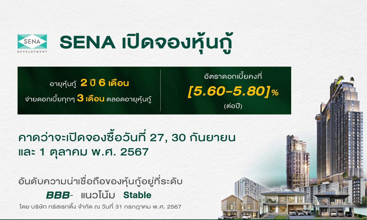 เสนา ครึ่งปี 67 รายได้เน้นๆ 3,842 ล้าน พร้อมตุน Backlog อีก 5,471 ล้าน ทยอยรับรู้รายได้ครึ่งปีหลัง ล่าสุดเตรียมออกหุ้นกู้การันตีคุณภาพ ดอกเบี้ย 5.60-5.80%